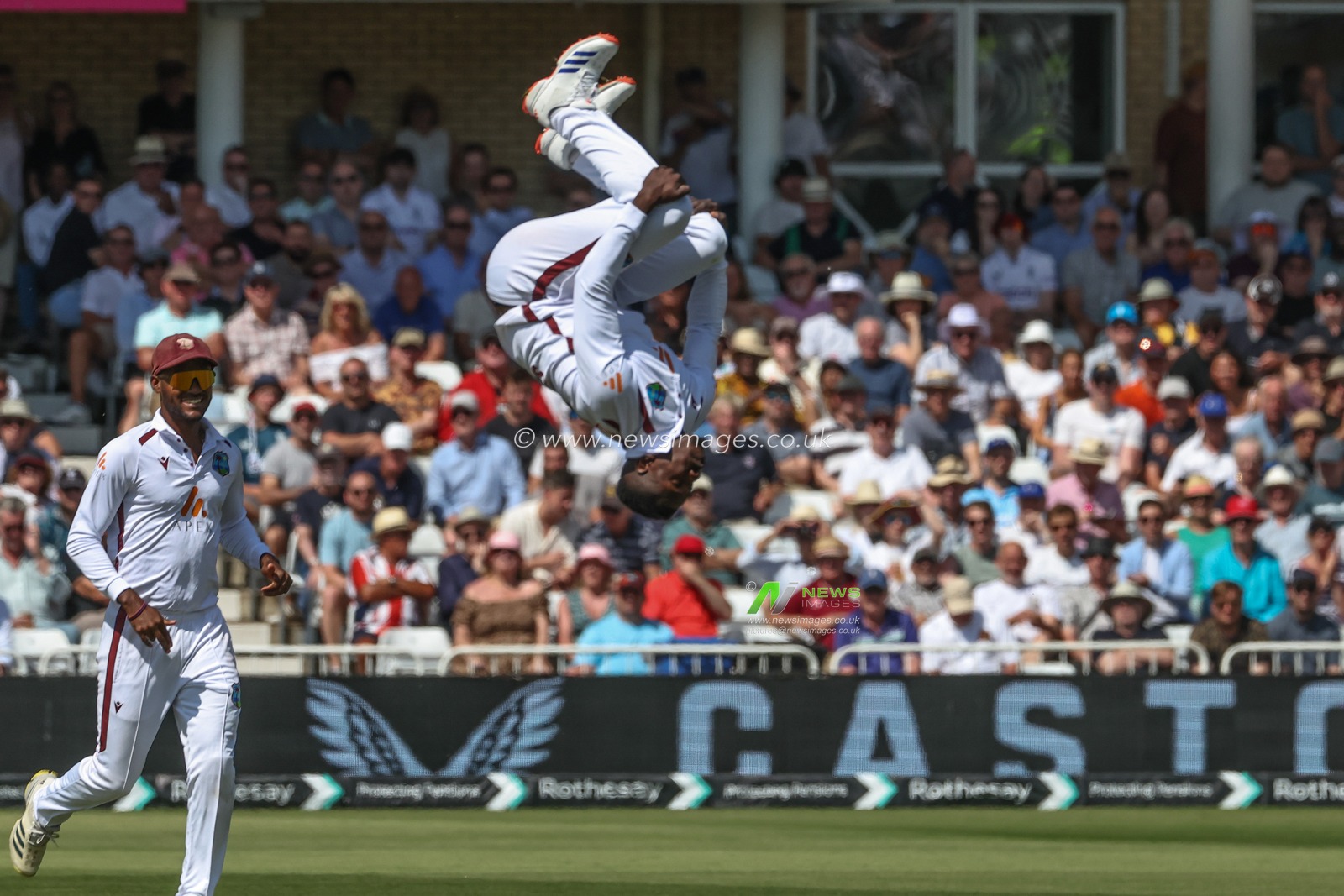 Kevin Sinclair of West Indies celebrates the wicket of Harry Brook of England during the 2nd Rothesay Test Match match England vs West Indies at Trent Bridge, Nottingham, United Kingdom, 18th July 2024

(Photo by Mark Cosgrove/News Images)