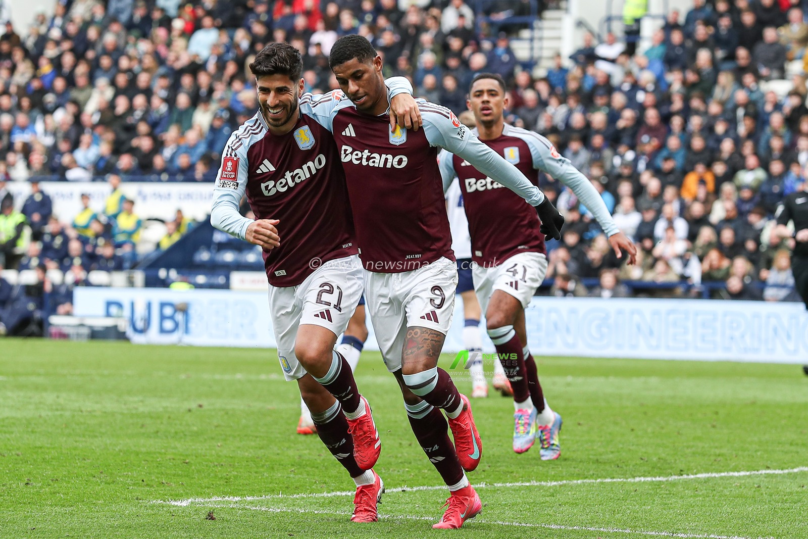 Marco Asensio of Aston Villa and Marcus Rashford of Aston Villa celebrate goal to make it 1-0 during the Emirates FA Cup Quarter-finals Preston North End v Aston Villa at Deepdale, Preston, United Kingdom, 30th March 2025

(Photo by Jorge Horsted/News Images)