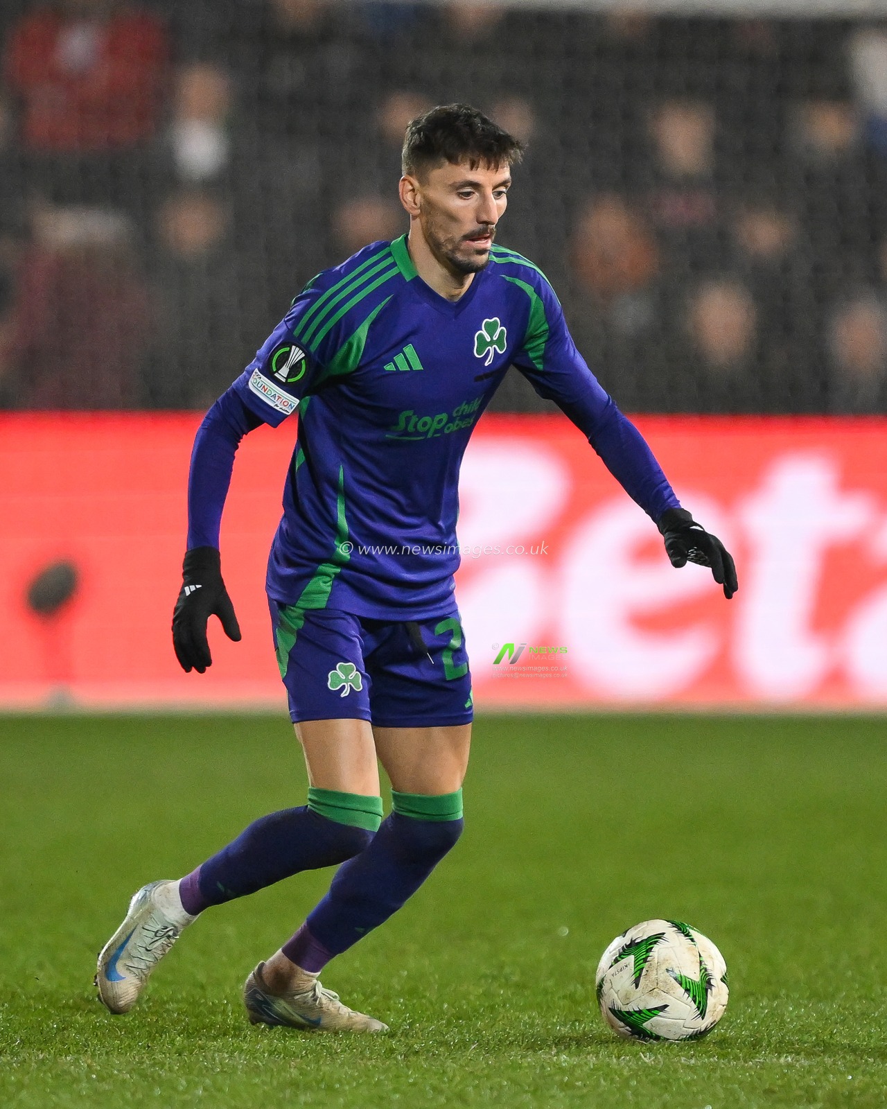 Filip MladenoviÄ‡ of Panathinaikos in action during the UEFA Conference League - League Stage The New Saints v Panathinaikos at Croud Meadow, Shrewsbury, United Kingdom, 12th December 2024

(Photo by Craig Thomas/News Images)