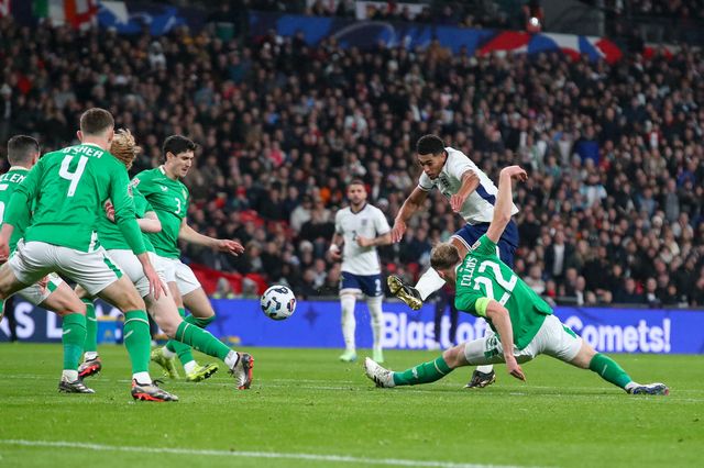 Jude Bellingham of England shoots on goal during the UEFA Nations League, League B - Group 2 match England vs Republic of Ireland at Wembley Stadium, London, United Kingdom, 17th November 2024

(Photo by Gareth Evans/News Images)