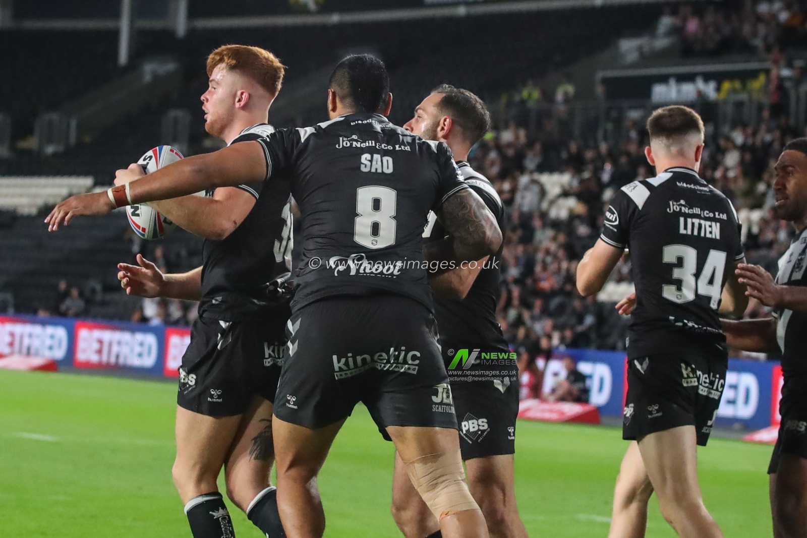 Ellis Longstaff #38 of Hull FC with a muted celebration to let Luke Gale #7 of Hull FC take the conversion kick
