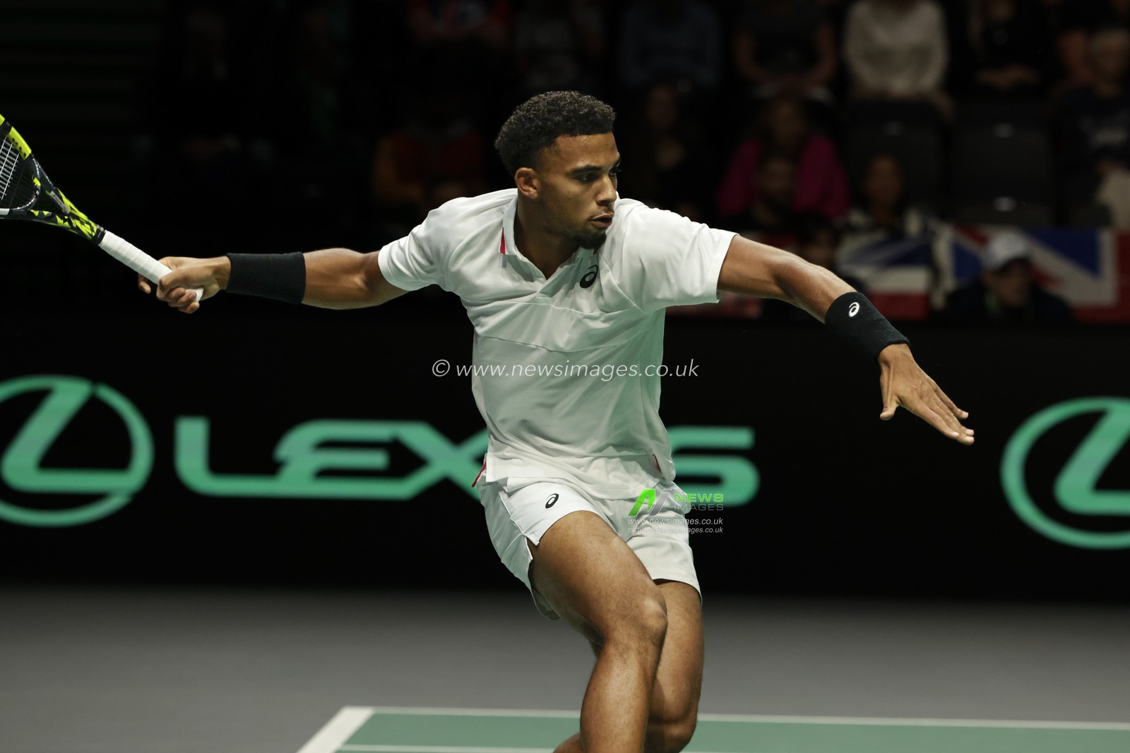 Arthur Fils (FRA) in action) in action against Daniel Evans (GBR) during his Davis Cup match Great Britain vs France at Manchester AO Arena, Manchester, United Kingdom, 17th September 2023

(Photo by Conor Molloy/News Images)