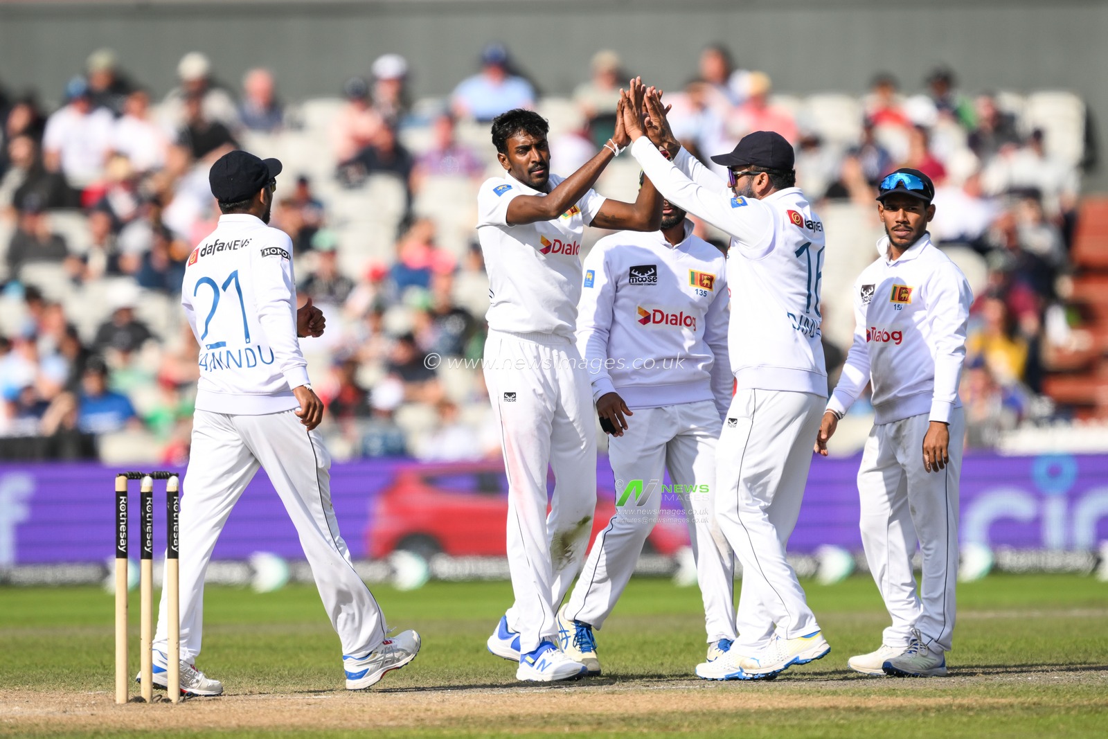 Milan Rathnayake of Sri Lanka celebrates taking the wicket of Dan Lawrence of England LBWduring the England Men v Sri Lanka 1st Rothesay Test Match Day 4 at Old Trafford, Manchester, United Kingdom, 24th August 2024

(Photo by Craig Thomas/News Images)