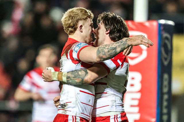 Joe Shorrocks of St Helens celebrates his try during the Betfred Super League match St Helens vs Leigh Leopards at The BrewDog Stadium, St Helens, United Kingdom on 20 February 2026

(Photo by Alfie Cosgrove/News Images)