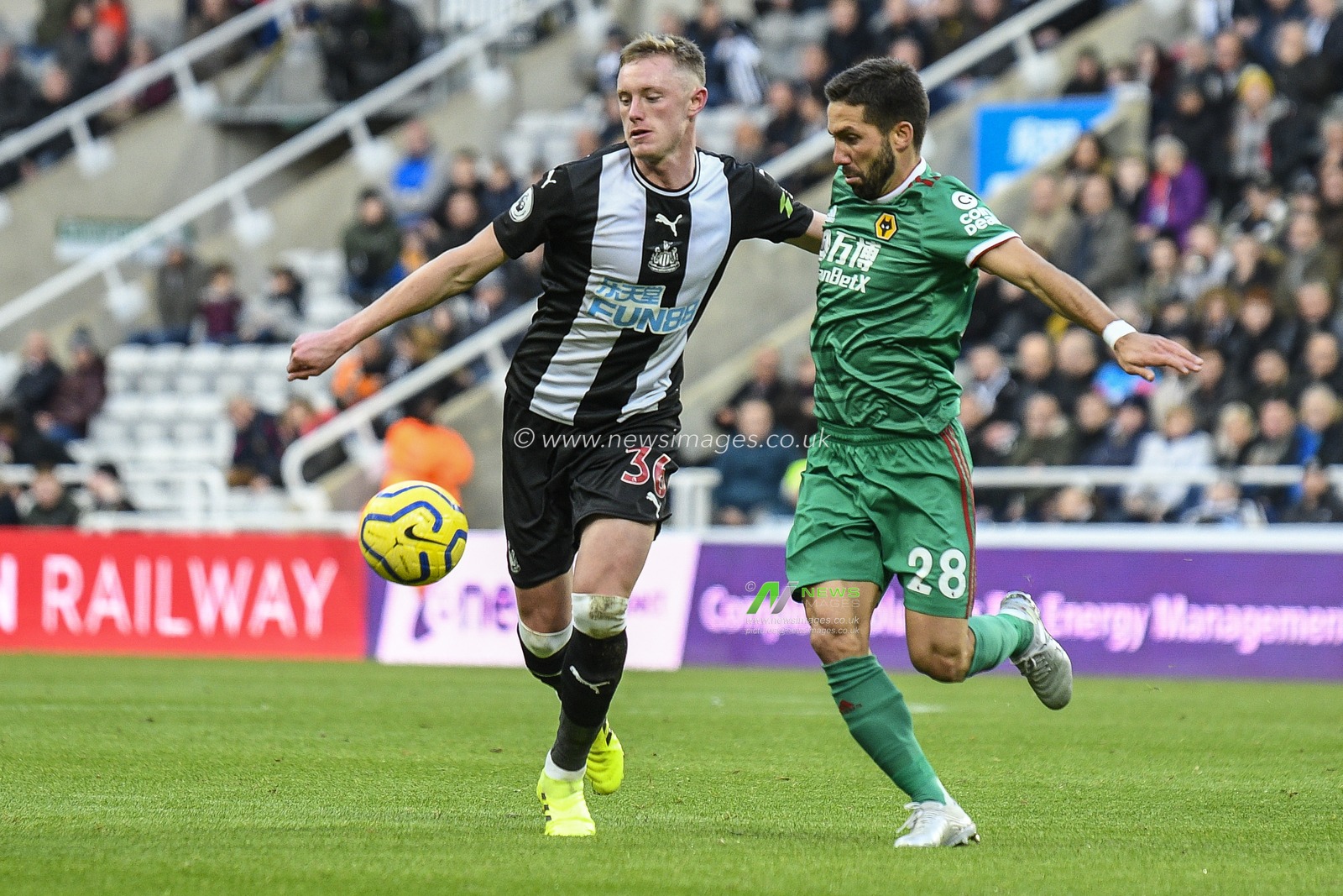 27th October 2019, St. James's Park, Newcastle, England; Premier League, Newcastle United v Wolverhampton Wanderers : Sean Longstaff of Newcastle United and JoÃ£o Moutinho of Wolverhampton Wanderers battles for possession

Credit: Iam Burn/News Images