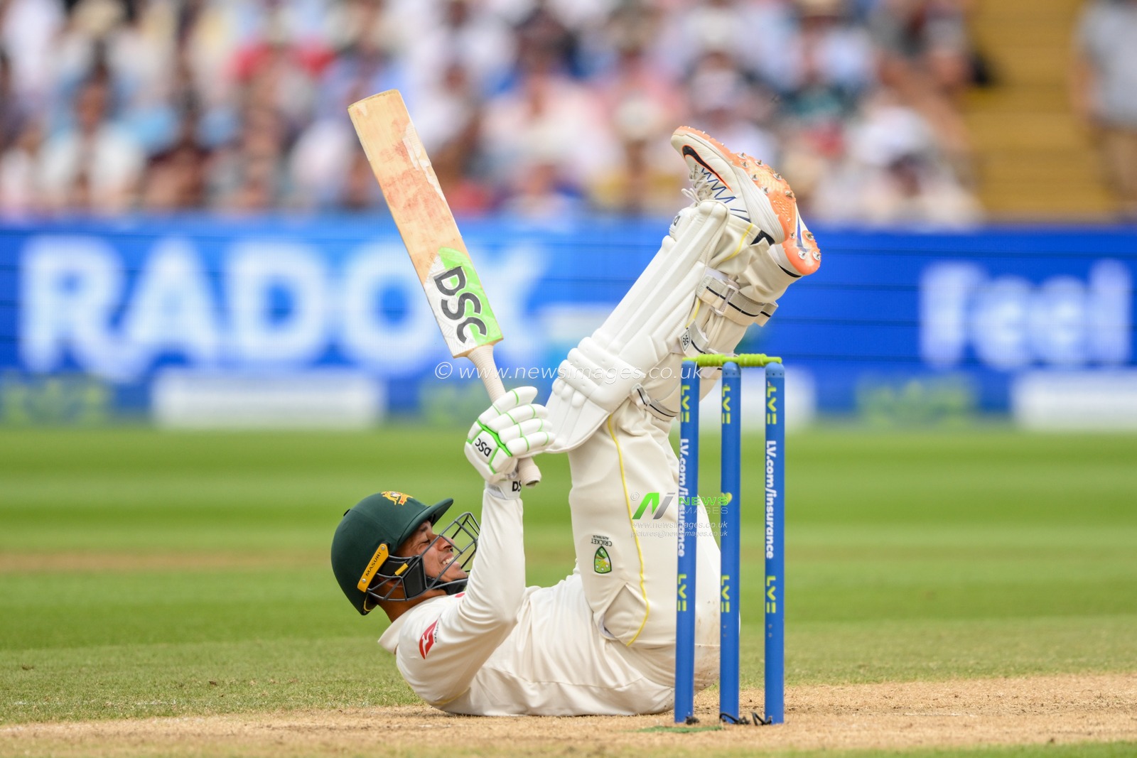Usman Khawaja of Australia ends up on the floor after taking evasive action after a ball bowled by Stuart Broad of England during the LV= Insurance Ashes First Test Series Day 3 England v Australia at Edgbaston, Birmingham, United Kingdom, 18th June 2023

(Photo by Craig Thomas/News Images)