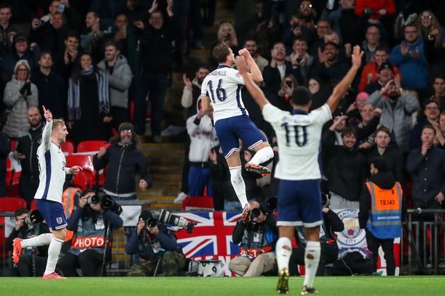 Taylor Harwood-Bellis of England celebrates his goal to make it 5-0 during the UEFA Nations League, League B - Group 2 match England vs Republic of Ireland at Wembley Stadium, London, United Kingdom, 17th November 2024

(Photo by Gareth Evans/News Images)