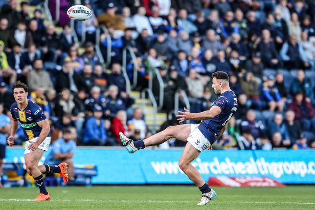 Jake Connor of Leeds Rhinos kicks the ball up field during the Betfred Super League round 13 match Leeds Rhinos vs St Helens at AMT Headingley Stadium, Leeds, United Kingdom on 04 June 2026

(Photo by Alfie Cosgrove/News Images)