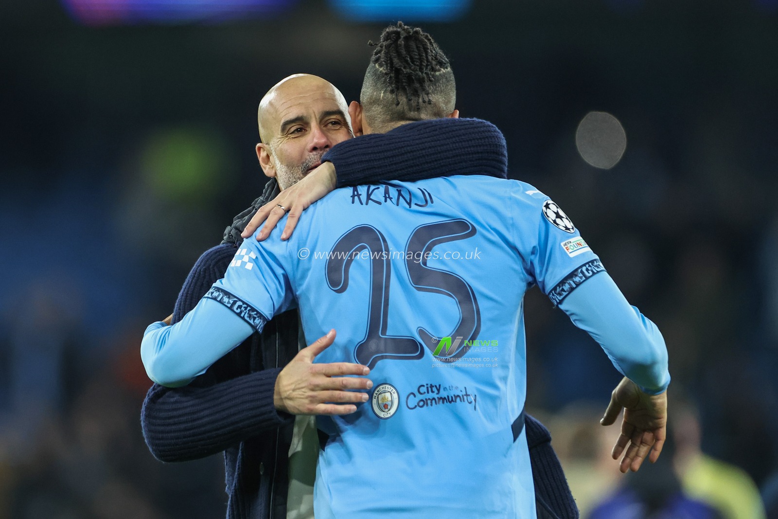 Pep Guardiola manager of Manchester City embraces Manuel Akanji of Manchester City after the game during the UEFA Champions League Matchday 8 of 8 Manchester City vs Club Brugge at Etihad Stadium, Manchester, United Kingdom, 29th January 2025

(Photo by Mark Cosgrove/News Images)