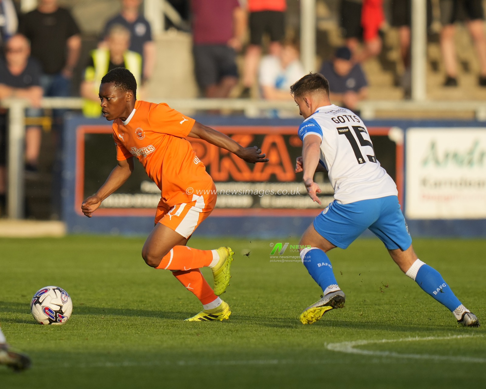 Karamoko Dembele #11 of Blackpool breaks past Robbie Gotts #15 of Barrow during the EFL Trophy match Barrow vs Blackpool at SO Legal Stadium, Barrow-in-Furness, United Kingdom, 5th September 2023

(Photo by Steve Flynn/News Images)