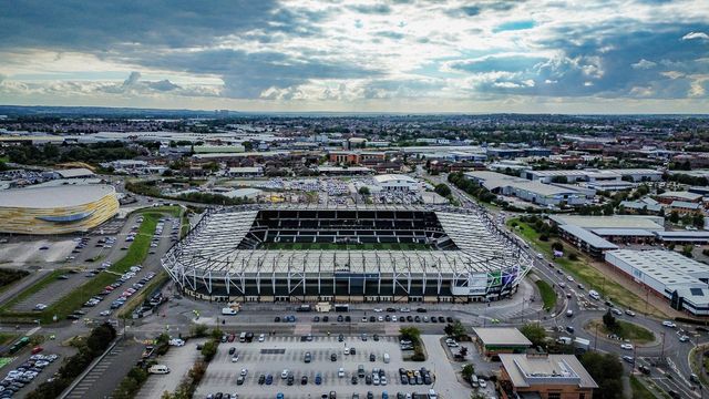 A general view of the stadium from the sky during the Sky Bet Championship match Derby County vs West Bromwich Albion at Pride Park Stadium, Derby, United Kingdom on 09 September 2026

(Photo by Maynard Manyowa/News Images)