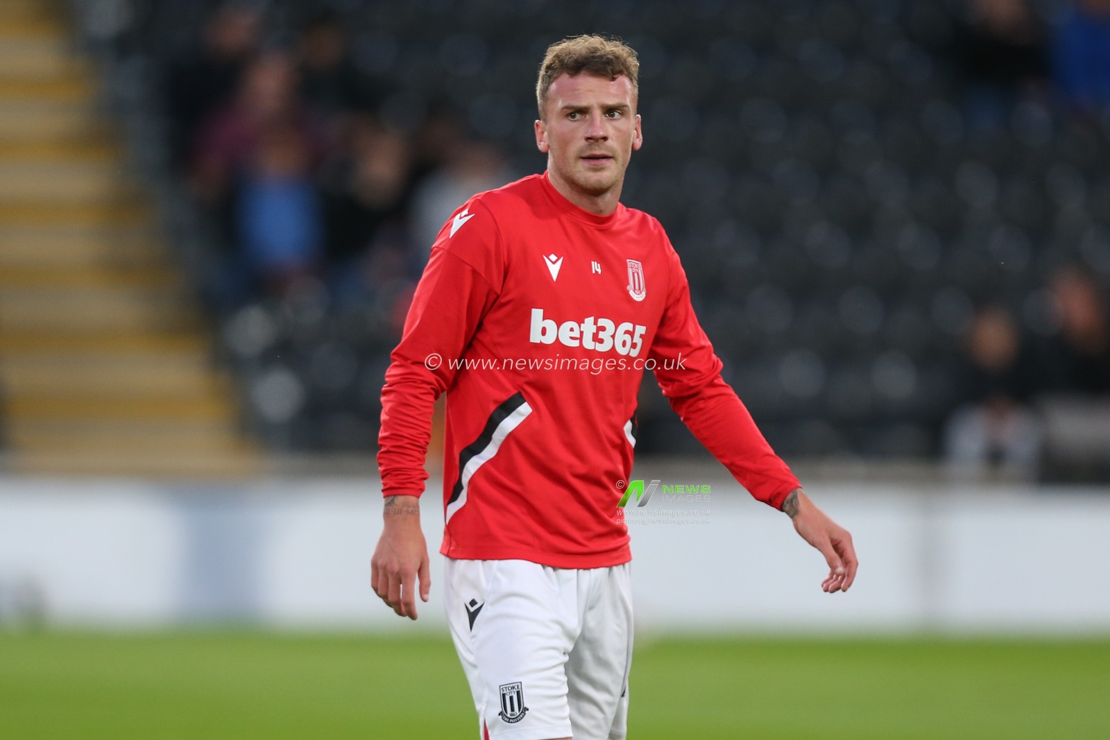 Josh Tymon #14 of Stoke City during the pre-game warmup before the Sky Bet Championship match Hull City vs Stoke City at MKM Stadium, Hull, United Kingdom, 13th September 2022

(Photo by David Greaves/News Images)