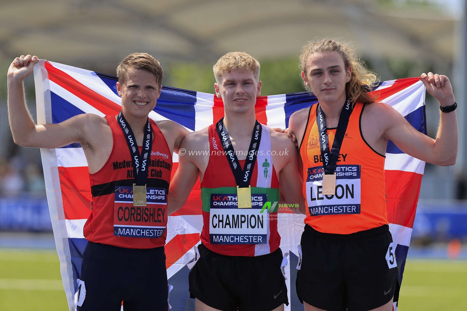 Christopher Snook with his gold medal for the 5000m walk with Cameron Corbishley and Luc Legon during the UK Athletics Championships at Manchester Regional Arena, Manchester, United Kingdom, 9th July 2023

(Photo by Conor Molloy/News Images)
