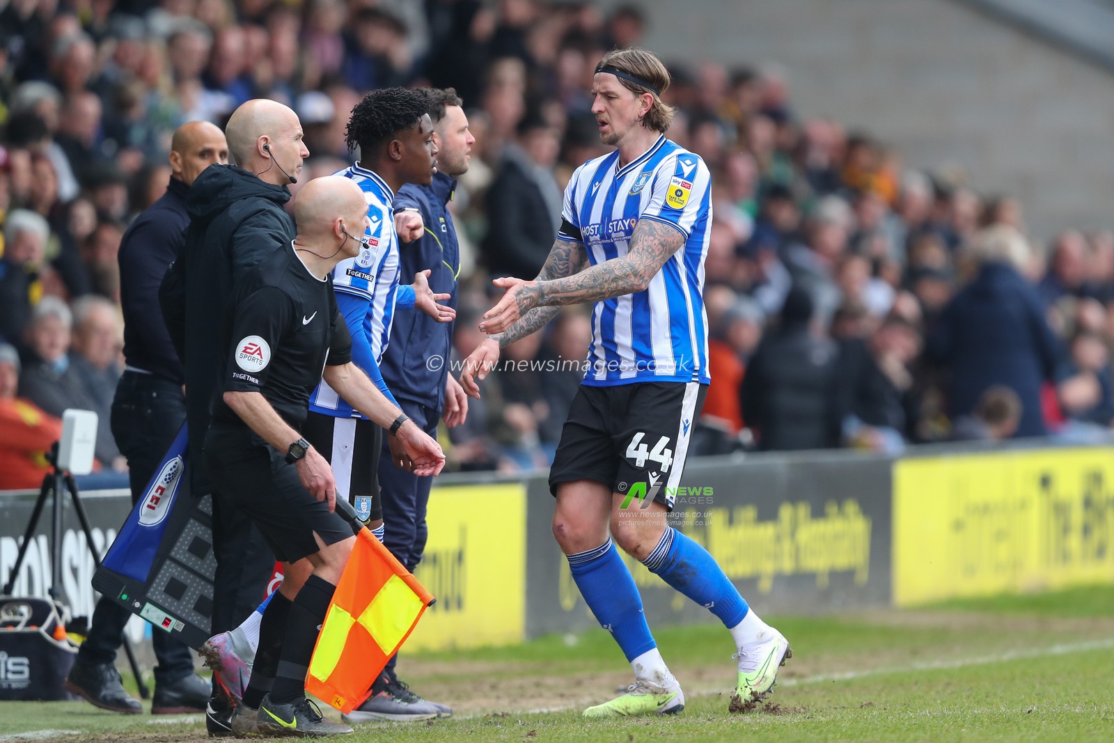 Aden Flint #44 of Sheffield Wednesday comes off for Fisayo Dele-Bashiru #17 of Sheffield Wednesday during the Sky Bet League 1 match Burton Albion vs Sheffield Wednesday at Pirelli Stadium, Burton upon Trent, United Kingdom, 15th April 2023

(Photo by Gareth Evans/News Images)