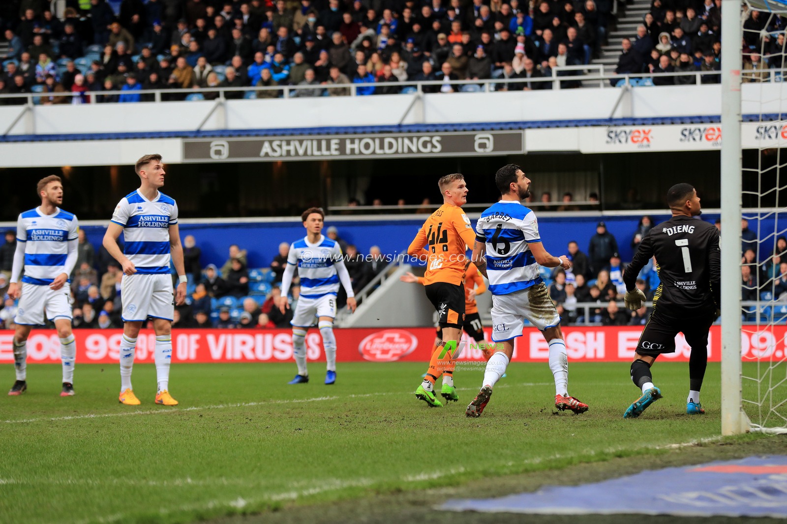 GOAL: Marcus Forss #44 of Hull City and Yoann Barbet #6 of Queens Park Rangers watch as his shot hits the woodwork, then bounces down over the line.