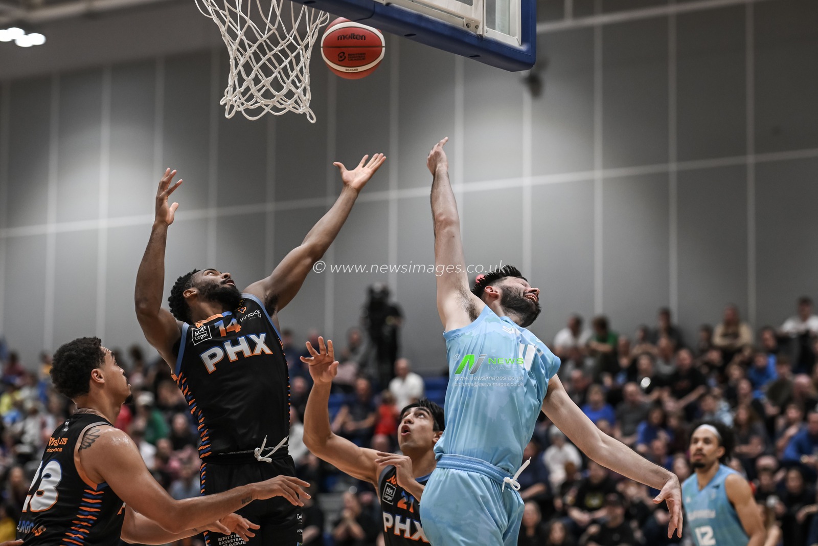 Maceo Jack of Cheshire Phoenix claims the rebound during the British Basketball Championship match Cheshire Phoenix vs Surrey Scorchers at Ellesmere Port Sports Village, Ellesmere Port, United Kingdom, 19th November 2023

(Photo by Craig Thomas/News Images)