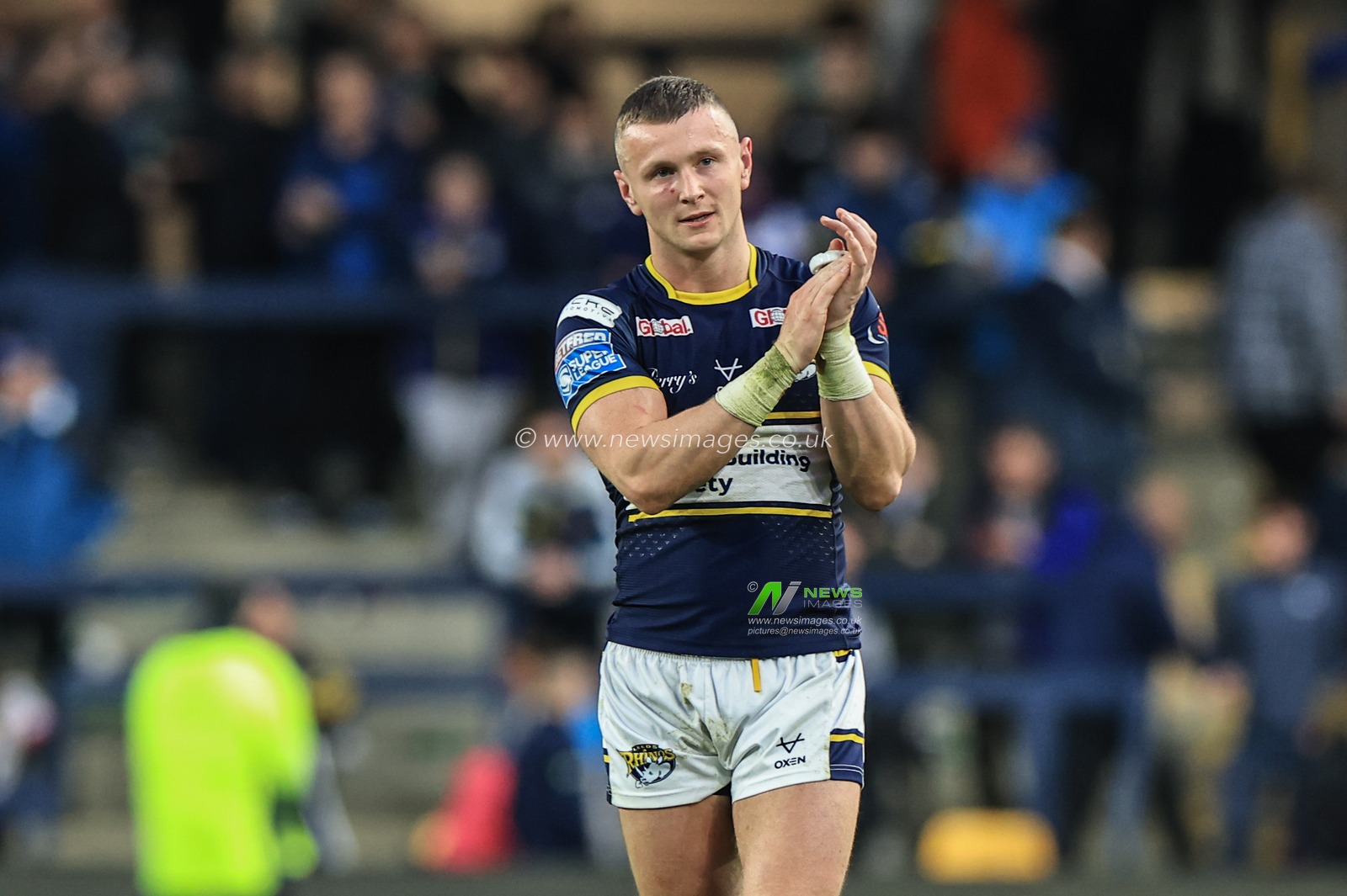 Harry Newman #3 of Leeds Rhinos applouds the home fans after the win during the Betfred Super League Round 8 match Leeds Rhinos vs Huddersfield Giants at Headingley Stadium, Leeds, United Kingdom, 9th April 2023

(Photo by Mark Cosgrove/News Images)
