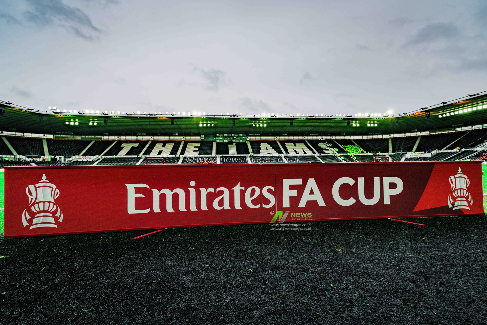 A ground shot showing the pitch and the Emirates FA Cup banner during the Emirates FA Cup Third Round match Derby County vs Leeds United at Pride Park Stadium, Derby, United Kingdom, 11th January 2026

(Photo by Maynard Manyowa/News Images)