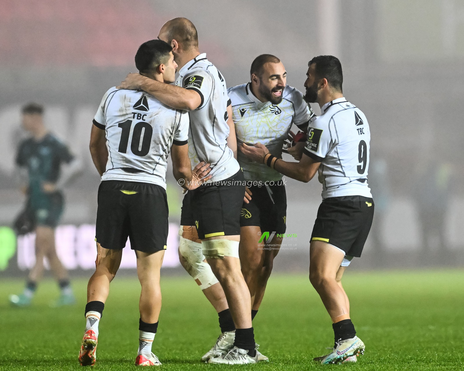 Tengiz Peranidze of Black Lion and Akaki Tabutsadze of Black Lion  celebrate a famous victory at the end of the European Rugby Challenge Cup match Llanelli Scarlets vs Black Lion at Parc y Scarlets, Llanelli, United Kingdom, 15th December 2023

(Photo by Craig Thomas/News Images)