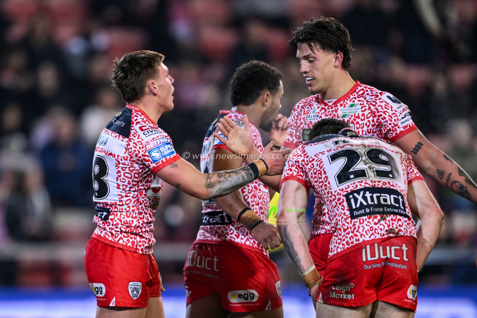 Keanan Brand of Leigh Leopards celebrates his try during the Betfred Super League Round 3 match Leigh Leopards vs Catalans Dragons at Leigh Sports Village, Leigh, United Kingdom, 28th February 2025

(Photo by Craig Thomas/News Images)