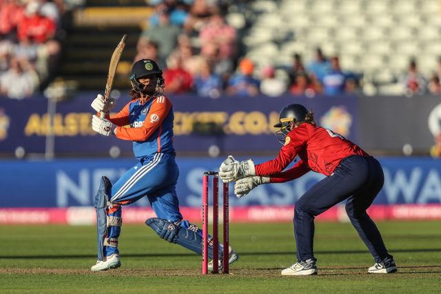 Radha Yadav of India plays a shot during the 5th Vitality IT20 England Women vs India Women at Edgbaston, Birmingham, United Kingdom, 12th July 2025

(Photo by Izzy Poles/News Images)