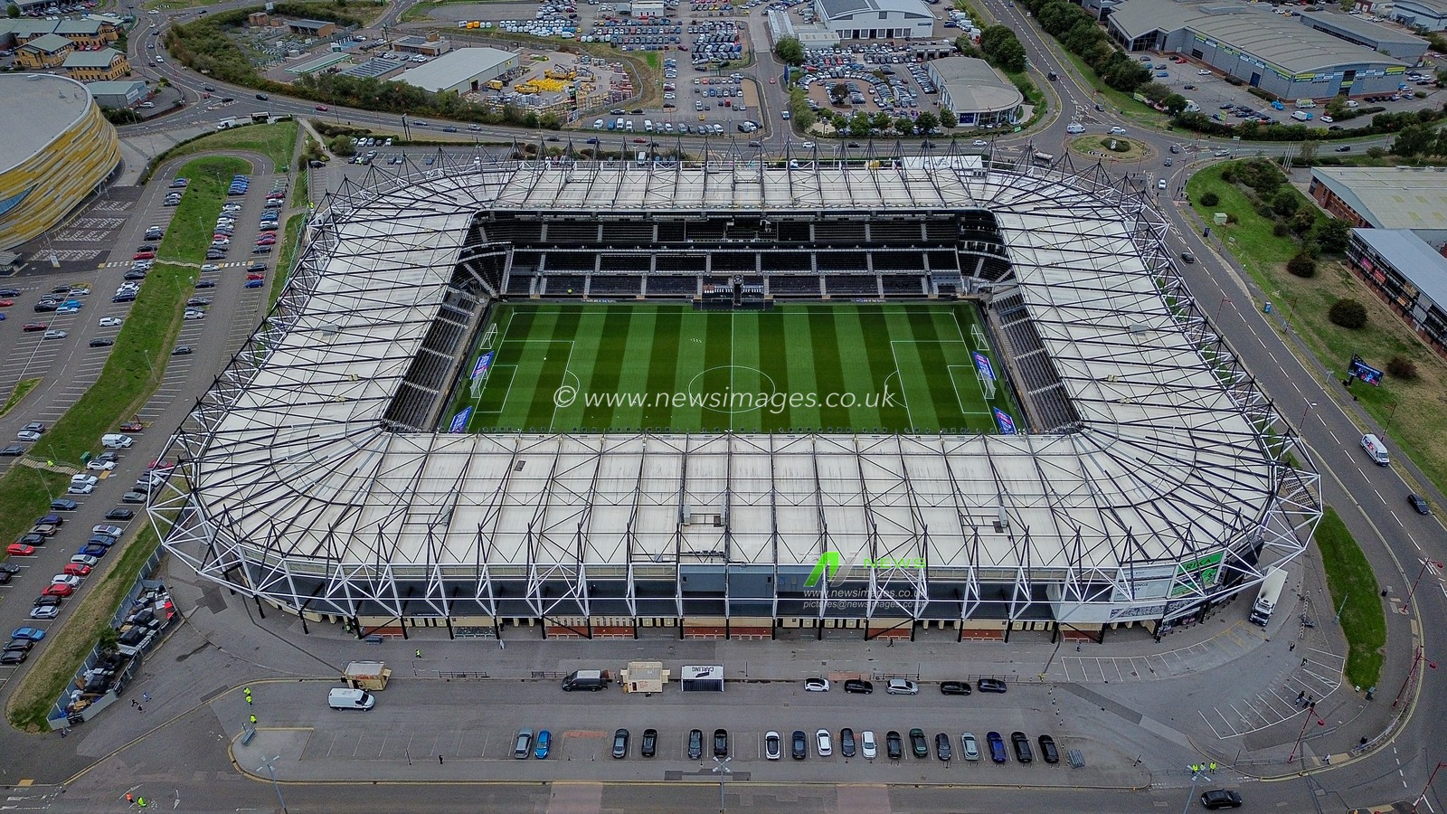 A general view of the stadium from the sky during the Sky Bet Championship match Derby County vs West Bromwich Albion at Pride Park Stadium, Derby, United Kingdom on 09 September 2026

(Photo by Maynard Manyowa/News Images)