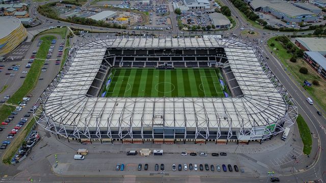 A general view of the stadium from the sky during the Sky Bet Championship match Derby County vs West Bromwich Albion at Pride Park Stadium, Derby, United Kingdom on 09 September 2026

(Photo by Maynard Manyowa/News Images)