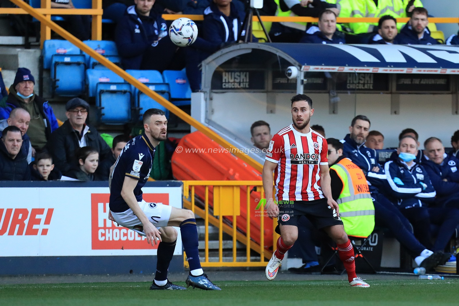 George Baldock #2 of Sheffield United and Scott Malone #11 of Millwall.