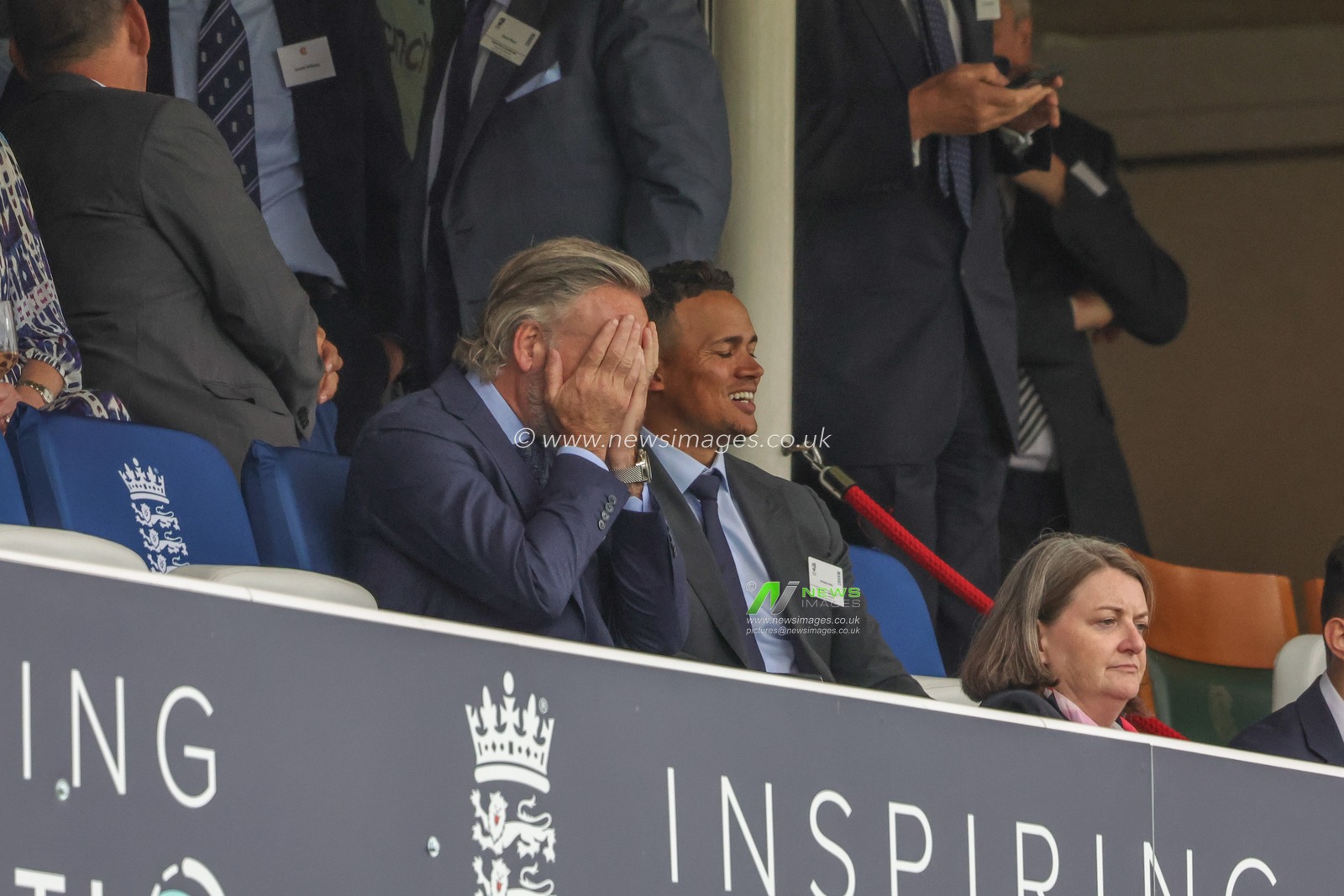 Jermaine Jenas and celeb chef Marcus Wareing watch the game during the LV= Insurance Ashes Test Series Second Test Day 3 England v Australia at Lords, London, United Kingdom, 30th June 2023

(Photo by Mark Cosgrove/News Images)