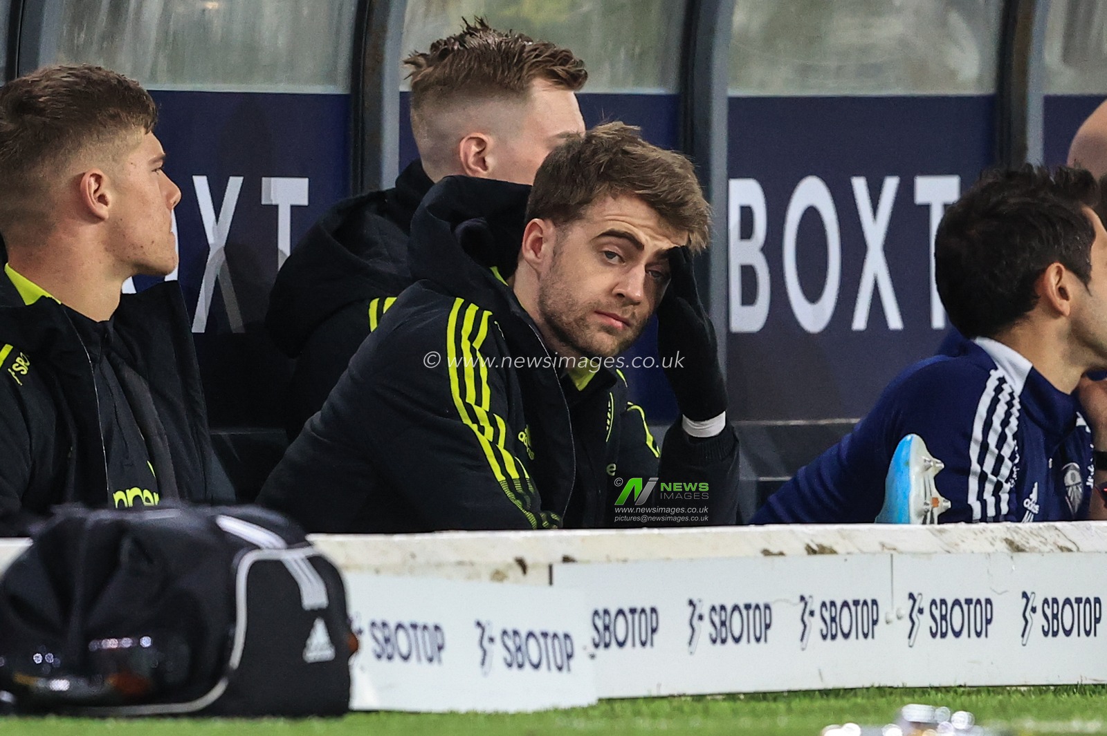 Patrick Bamford #9 of Leeds United on the bench as Leeds trail 0-1