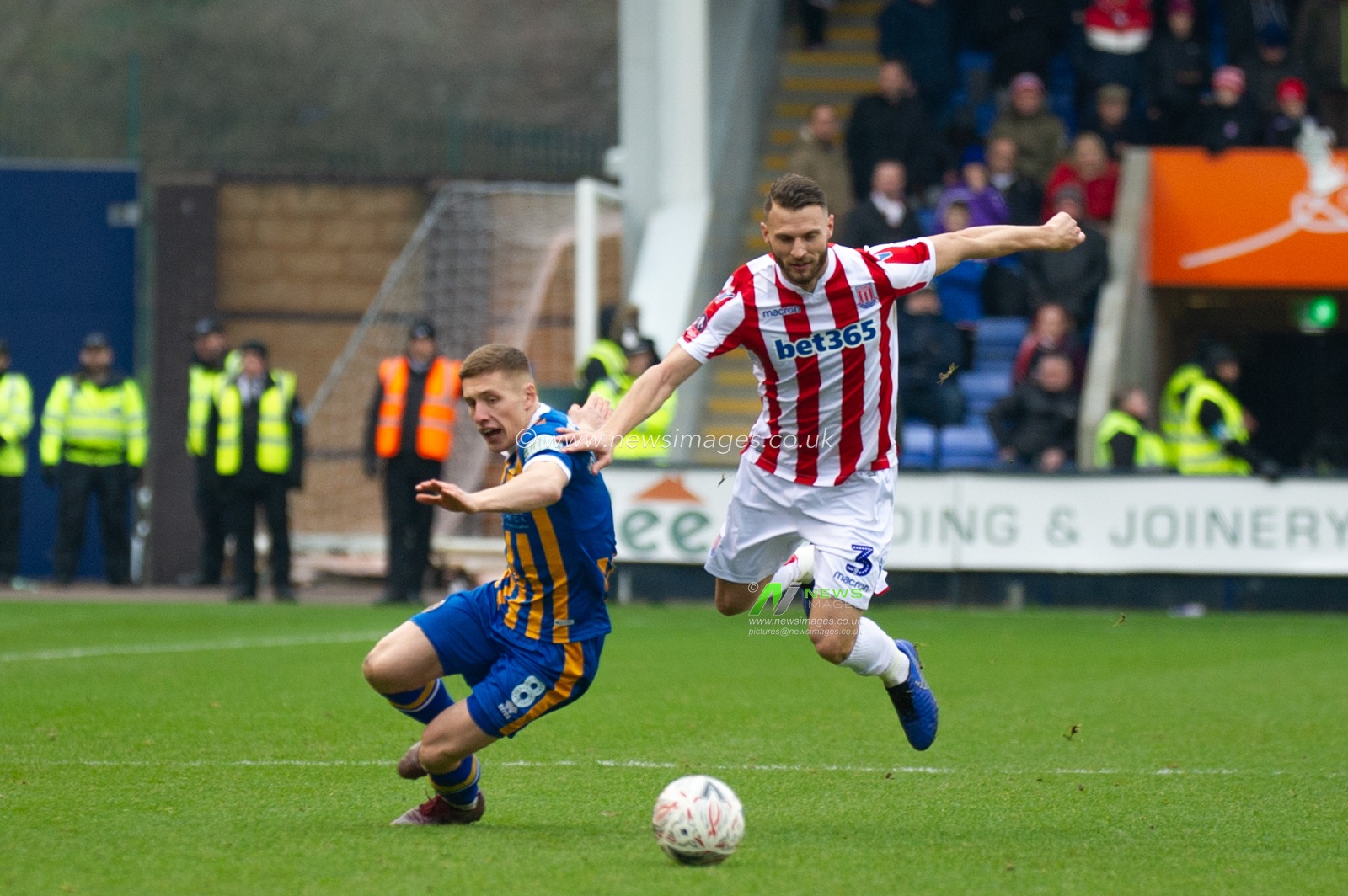 5th January 2019, New Meadow, Shrewsbury, England ; The Emirates FA Cup, 3rd Round, Shrewsbury Town vs Stoke City : Erik Pieters (3) of Stoke City gets ahead of Greg Docherty (8) of Shrewsbury Town 

Credit: Richard Long/News Images

English Football League images are subject to DataCo Licence