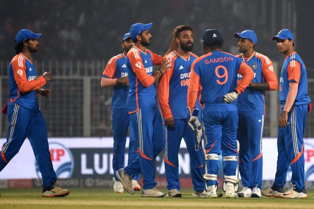 Varun Chakaravarthy of India celebrates with teammate Washington Sundar after dismissing Liam Livingstone of England (not pictured) during the T20 International match between India and England at Eden Gardens on January 22, 2025 in Kolkata, India.Pictures by Debajyoti Chakraborty.(Photo: Debajyoti Chakraborty/News Images)