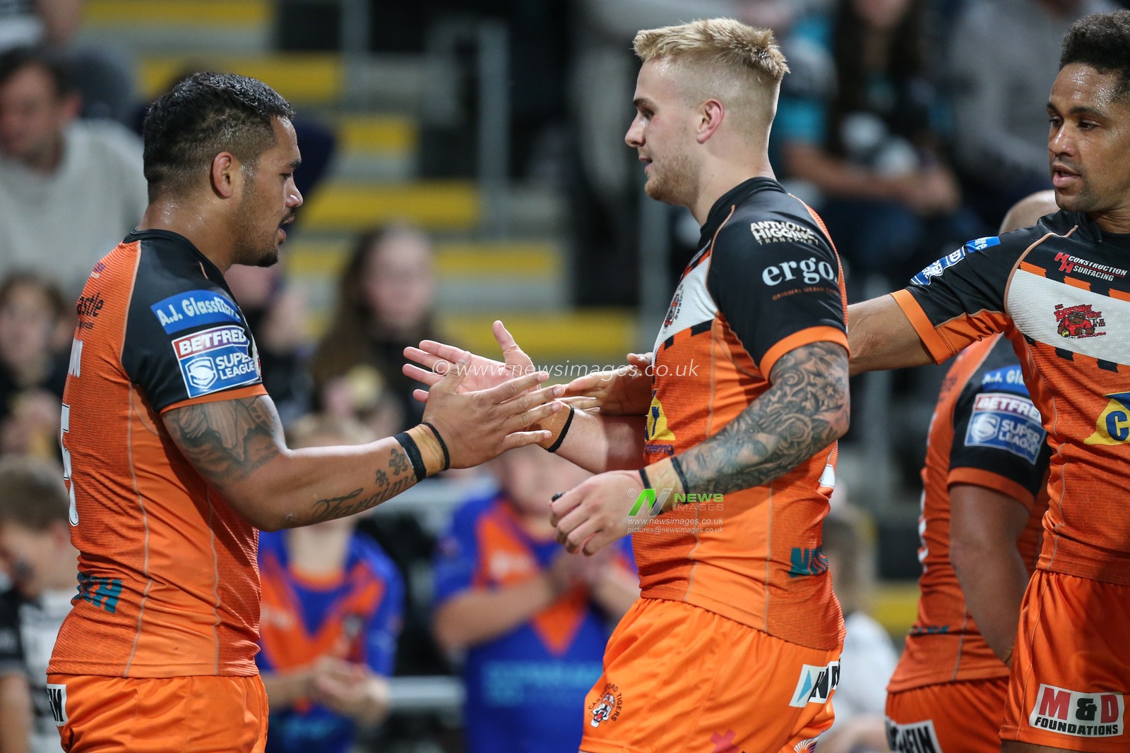 Bureta Faraimo #5 of Castleford Tigers celebrates his  second try