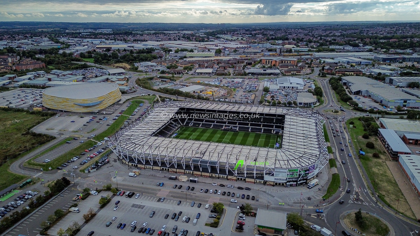 A general view of the stadium from the sky during the Sky Bet Championship match Derby County vs West Bromwich Albion at Pride Park Stadium, Derby, United Kingdom on 09 September 2026

(Photo by Maynard Manyowa/News Images)