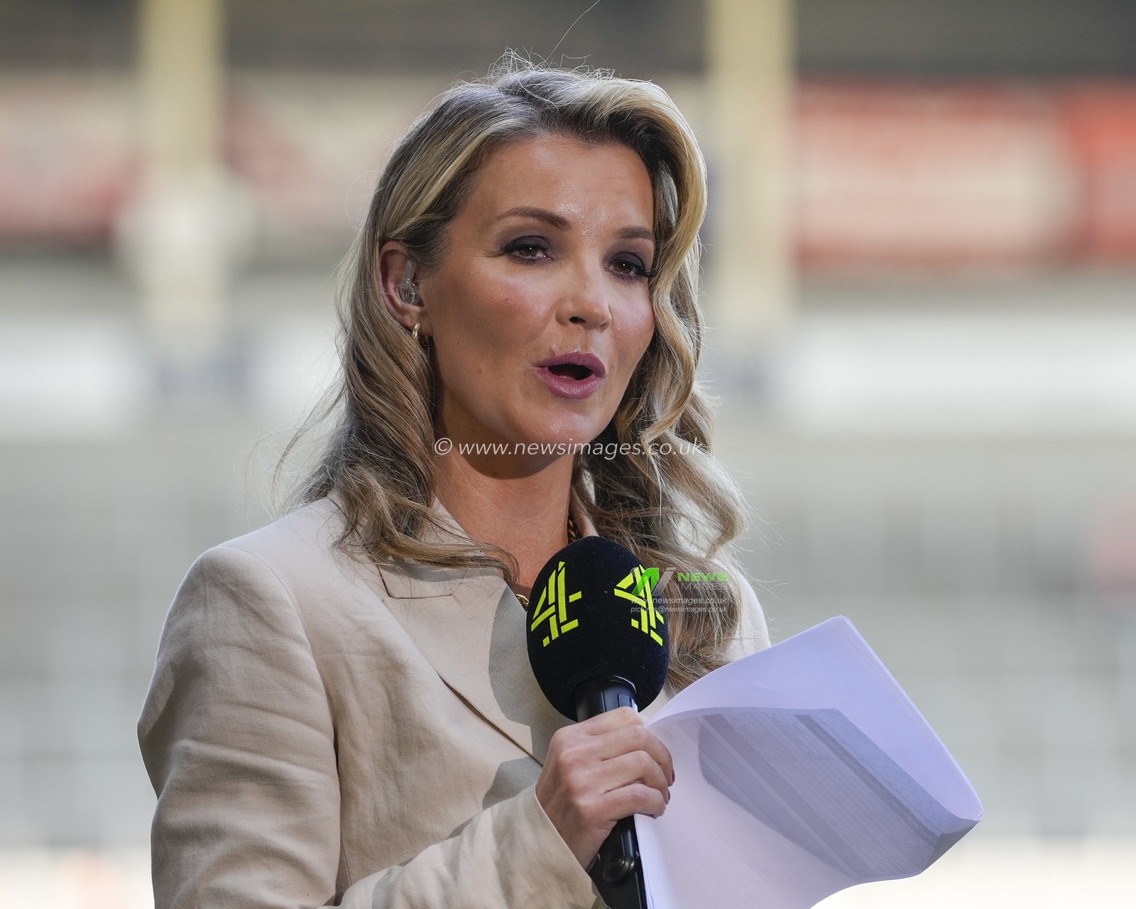 TV Presenter Helen Skelton reherses for Channel 4 TV before the Betfred Super League Round 12 match St Helens vs Salford Red Devils at Totally Wicked Stadium, St Helens, United Kingdom, 13th May 2023

(Photo by Steve Flynn/News Images)