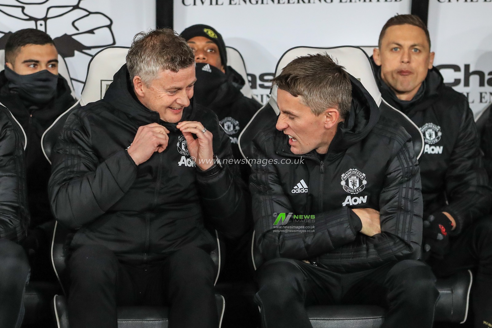 5th March 2020, Pride Park Stadium, Derby, England; Emirates FA Cup 5th Round, Derby County v Manchester United : Ole Gunnar SolskjÃ¦r manager of Manchester United and Kieran McKenna Manchester Unitedâ€™s first team coach talk on the bench before kick-off