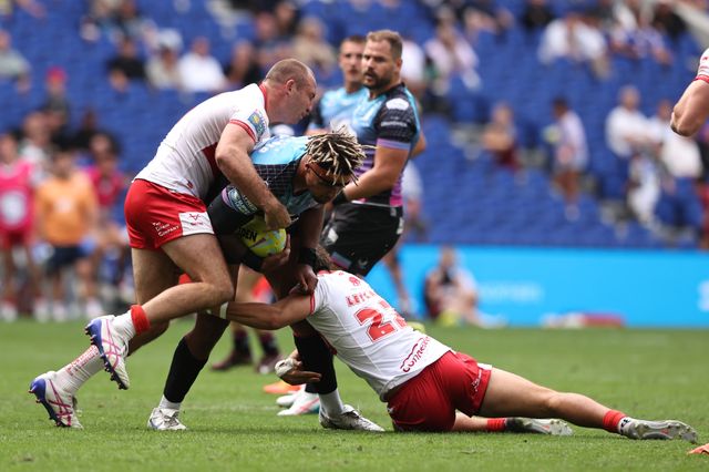 Hugo Salabio of Hull FC is tackled by Bill Leyland of Hull KR during the Betfred Super League Magic Weekend match Hull KR vs Hull FC at Hill Dickinson Stadium, Liverpool, United Kingdom on 04 July 2026

(Photo by Alfie Cosgrove/News Images)