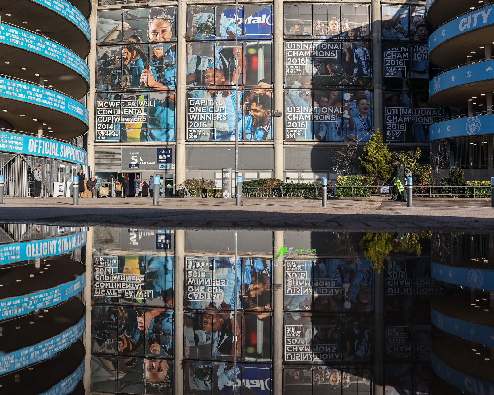 A reflection of the Etihad Stadium through a puddle during the Premier League match Manchester City vs Chelsea at Etihad Stadium, Manchester, United Kingdom, 25th January 2025

(Photo by Mark Cosgrove/News Images)