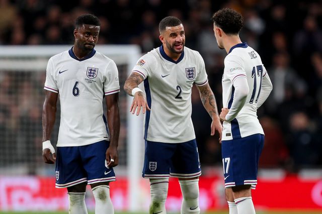 Kyle Walker of England speaks to Curtis Jones of England during a break in play during the UEFA Nations League, League B - Group 2 match England vs Republic of Ireland at Wembley Stadium, London, United Kingdom, 17th November 2024

(Photo by Gareth Evans/News Images)