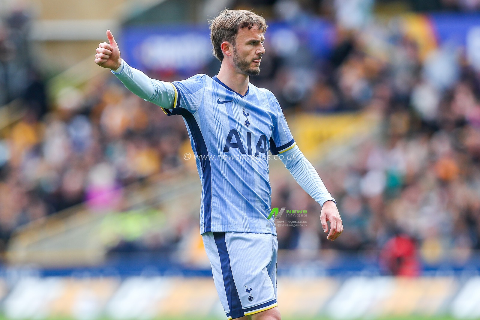 James Maddison of Tottenham Hotspur reacts during the Premier League match Wolverhampton Wanderers vs Tottenham Hotspur at Molineux, Wolverhampton, United Kingdom, 13th April 2025

(Photo by Gareth Evans/News Images)