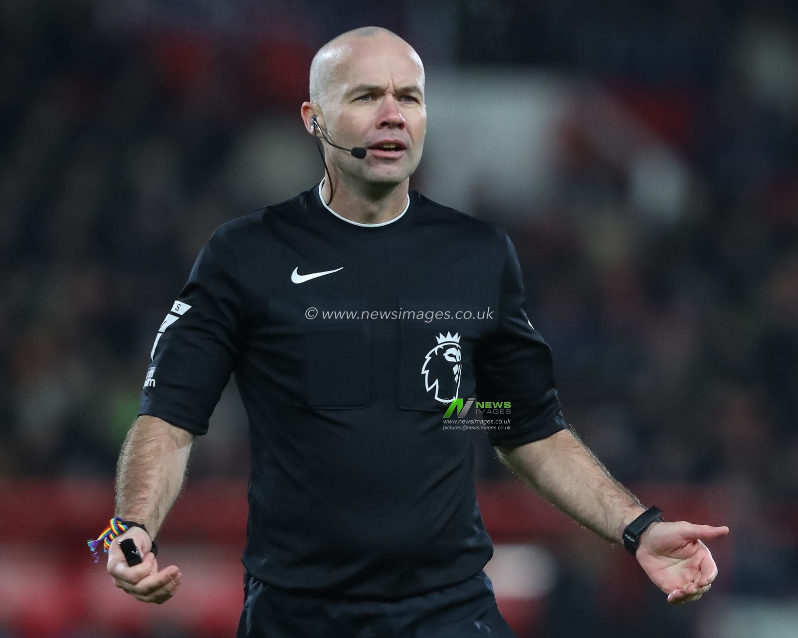 Referee Paul Tierney supporting Rainbow Laces with a lace on his wrist during the Premier League match Nottingham Forest vs Everton at City Ground, Nottingham, United Kingdom, 2nd December 2023

(Photo by Gareth Evans/News Images)