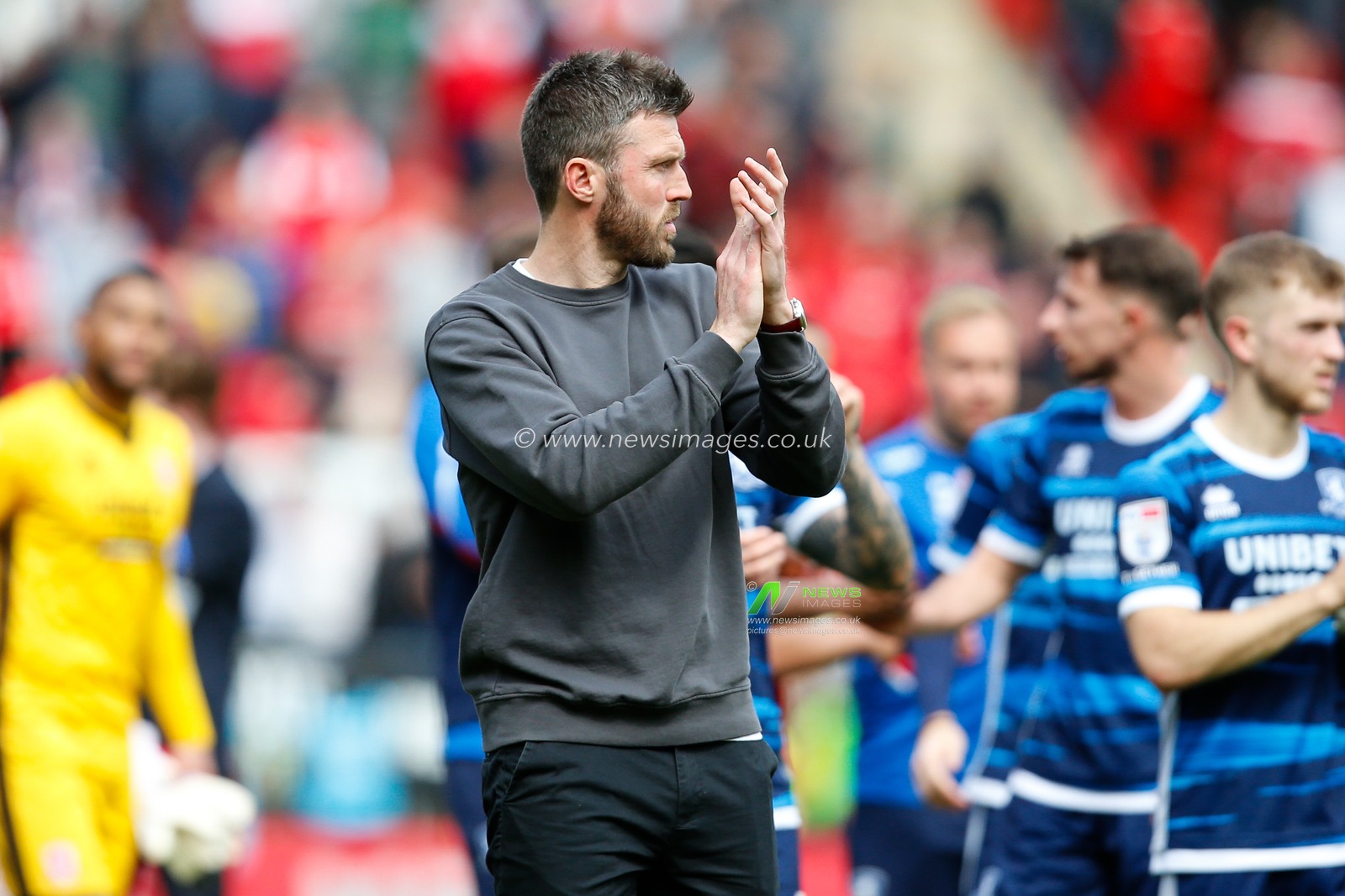Michael Carrick manager of Middlesbrough applauds fans after the Sky Bet Championship match Rotherham United vs Middlesbrough at New York Stadium, Rotherham, United Kingdom, 1st May 2023

(Photo by Ben Early/News Images)