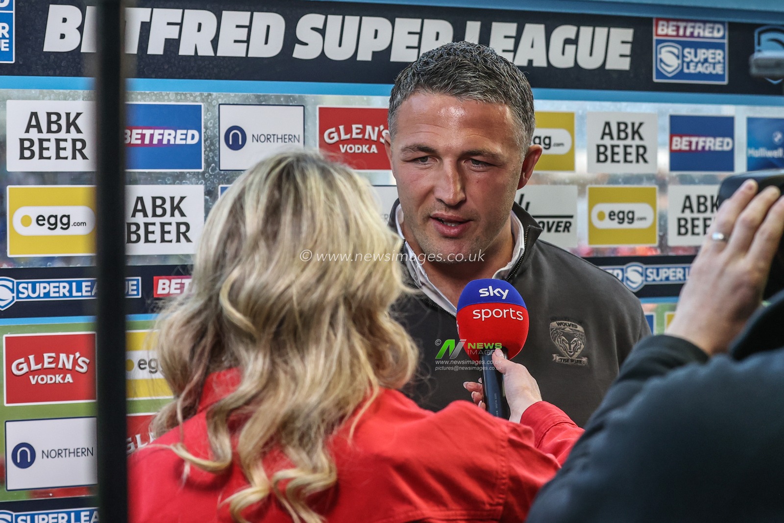Sam Burgess Head Coach of Warrington Wolves is interviewed by Jenna Brooks during the Betfred Super League Round 9 match Warrington Wolves vs St Helens at Halliwell Jones Stadium, Warrington, United Kingdom, 24th April 2025

(Photo by Alfie Cosgrove/News Images)