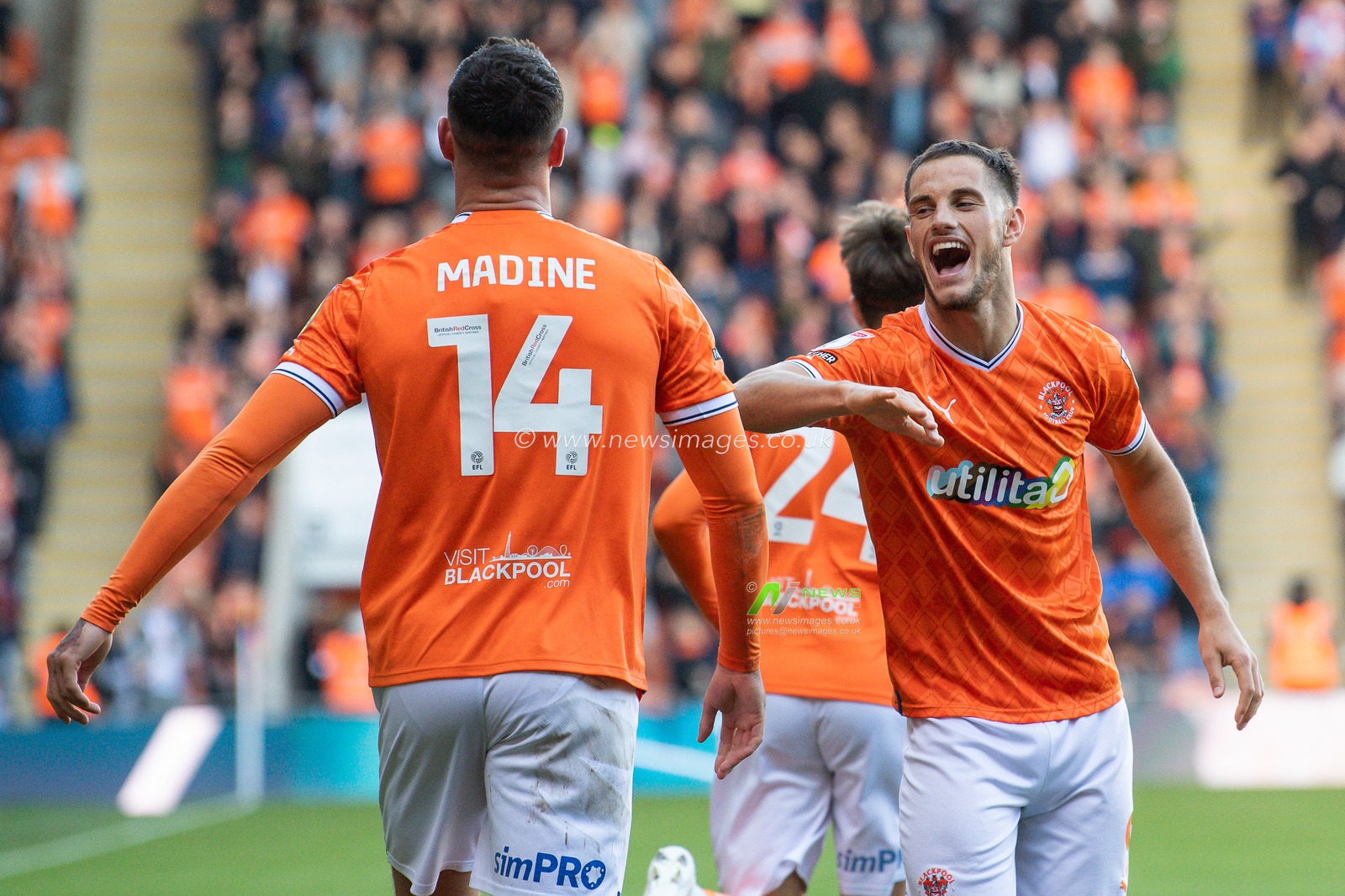 Gary Madine #14 of Blackpool celebrates his goal to make it 1-0 during the Sky Bet Championship match Blackpool vs Watford at Bloomfield Road, Blackpool, United Kingdom, 8th October 2022

(Photo by Craig Thomas/News Images)