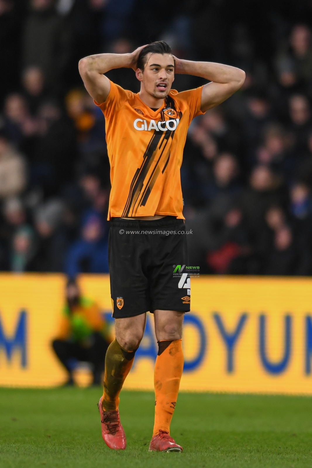Jacob Greaves #4 of Hull City holds his head after seeing his team miss a chance at goal