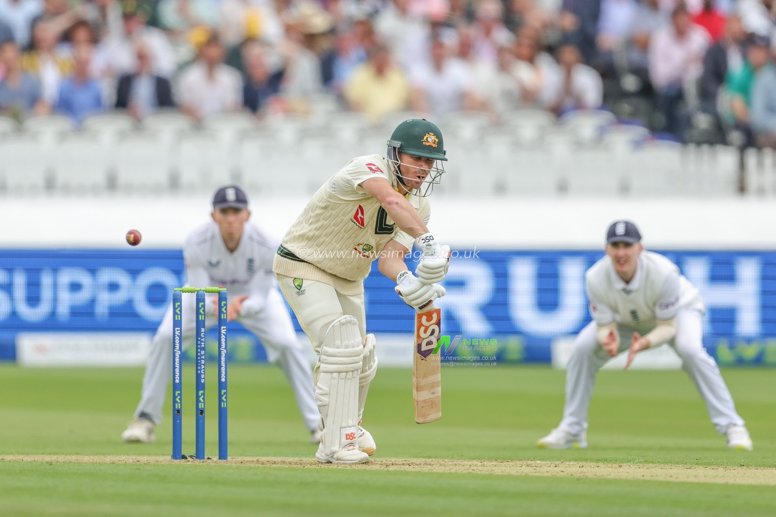 David Warner of Australia reacts after missing the ball during the LV= Insurance Ashes Test Series Second Test Day 1 England v Australia at Lords, London, United Kingdom, 28th June 2023

(Photo by Mark Cosgrove/News Images)