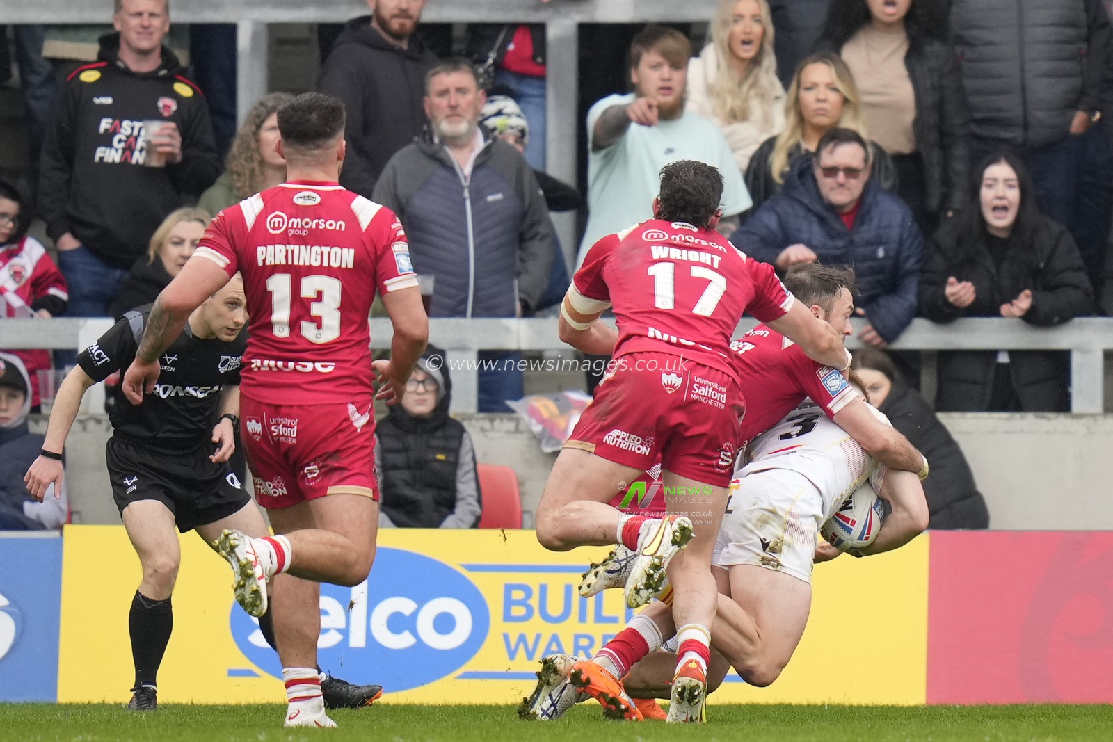 Adam Keighran #3 of Catalans Dragons runs in to score a last minute try during the Betfred Super League Round 10 match Salford Red Devils vs Catalans Dragons at AJ Bell Stadium, Eccles, United Kingdom, 23rd April 2023

(Photo by Steve Flynn/News Images)