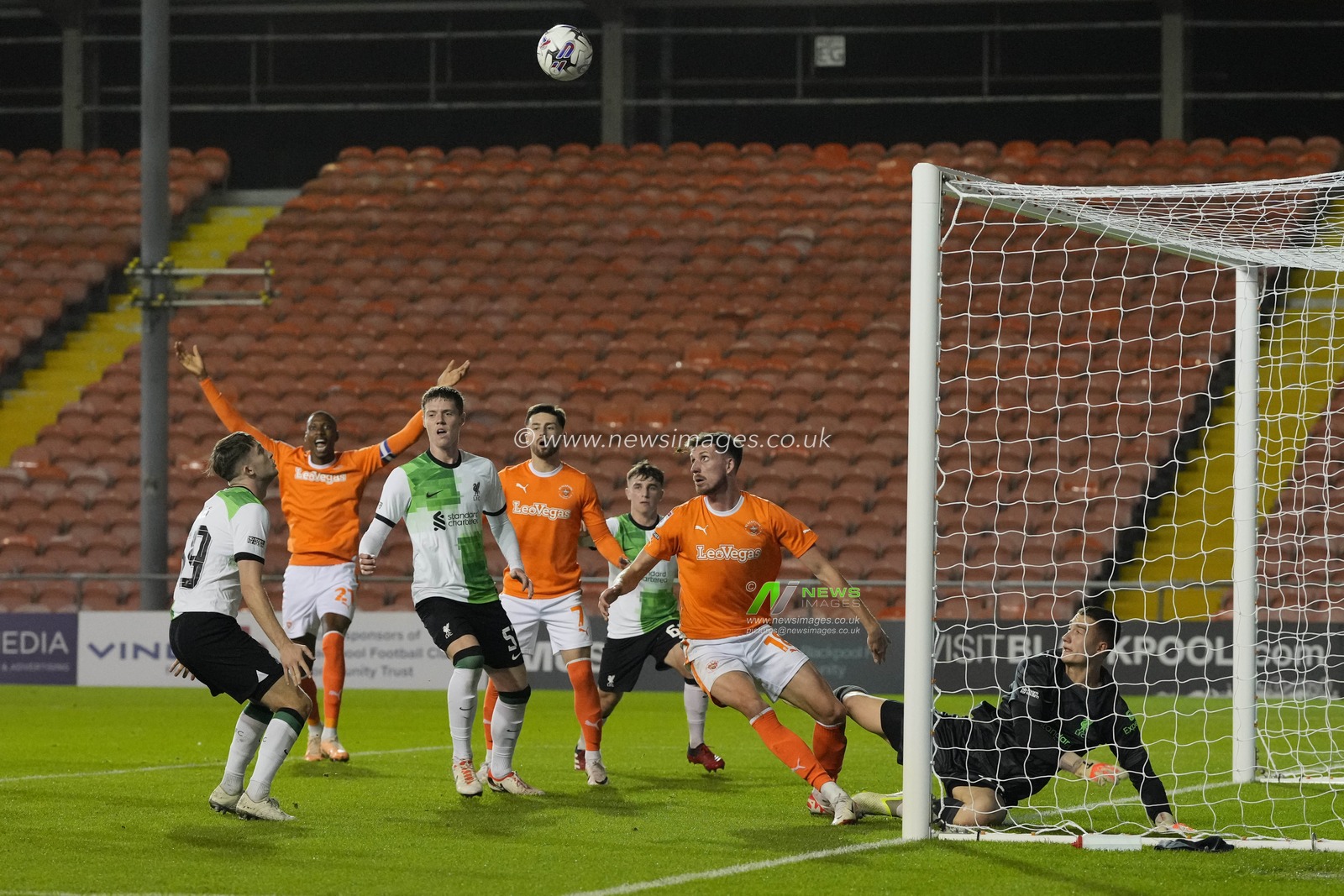 Fabien Mrozek #93 of Liverpool saves a header from Jake Beesley #18 of Blackpool during the EFL Trophy match Blackpool vs Liverpool U21 at Bloomfield Road, Blackpool, United Kingdom, 10th October 2023

(Photo by Steve Flynn/News Images)