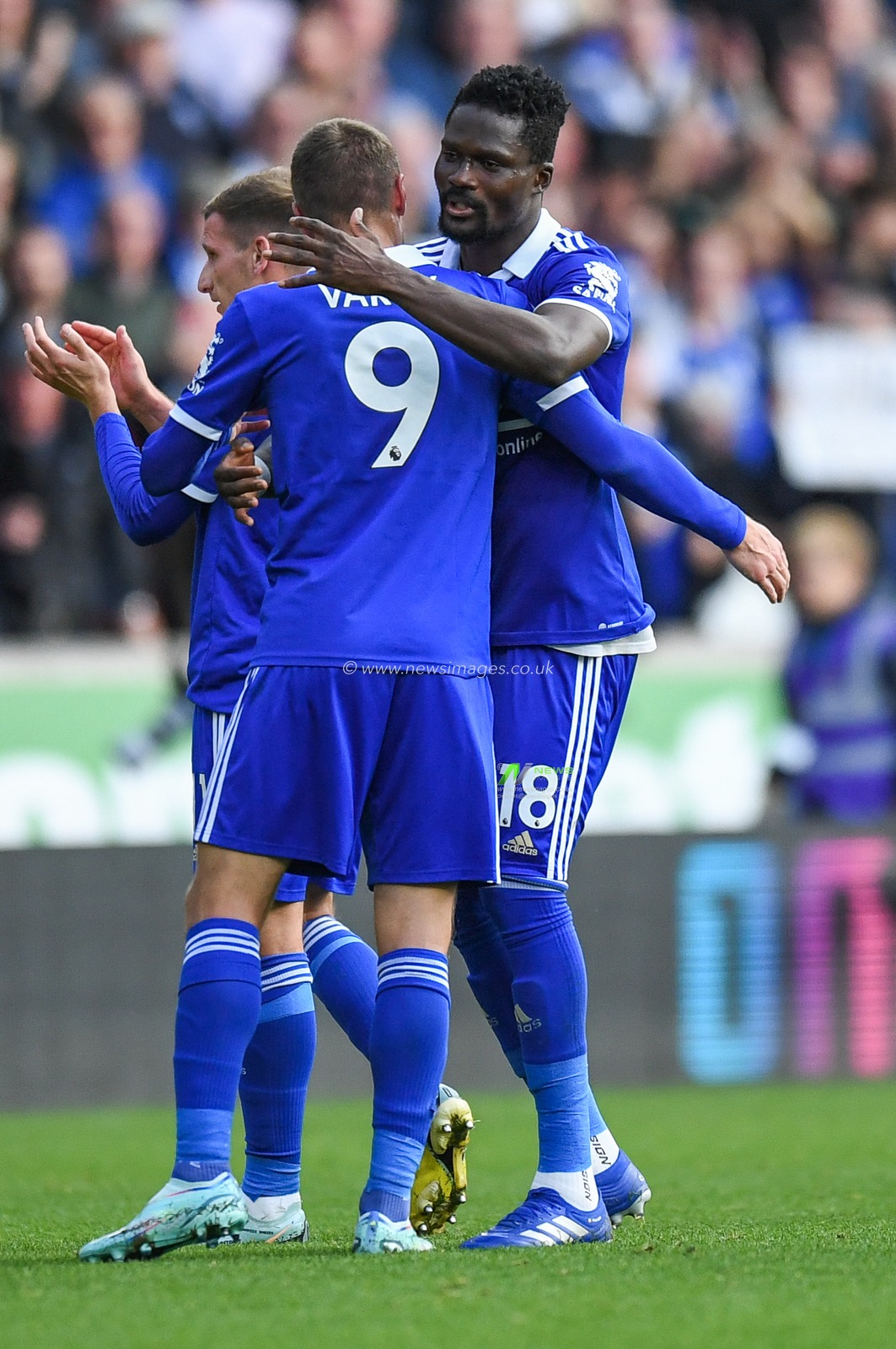 Jamie Vardy #9 of Leicester City  and Daniel Amartey #18 of Leicester City  during the Premier League match Wolverhampton Wanderers vs Leicester City at Molineux, Wolverhampton, United Kingdom, 23rd October 2022

(Photo by Mike Jones/News Images)
