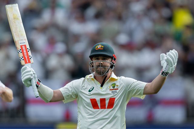 Travis Head of Australia raises bat after scoring a century during the NRMA Insurance Ashes First Test Day 2 Australia vs England at Optus Stadium, Perth, Australia, 22nd November 2025

(Photo by Santanu Banik/News Images)

*** GER AUT SUI OUT ***